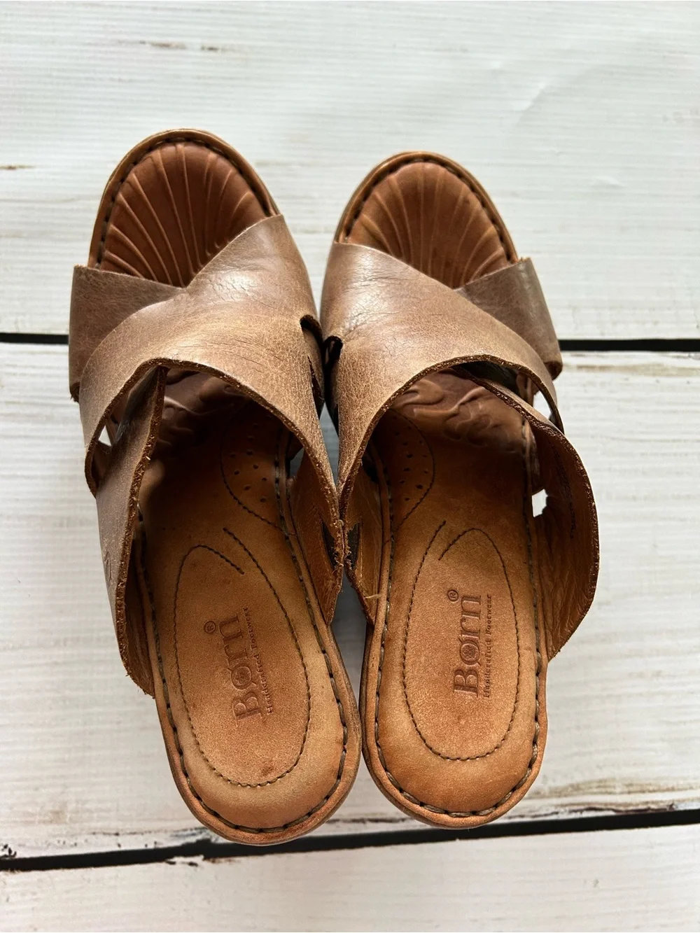 Born Tan Brown Leather Crossover Wedge Sandals